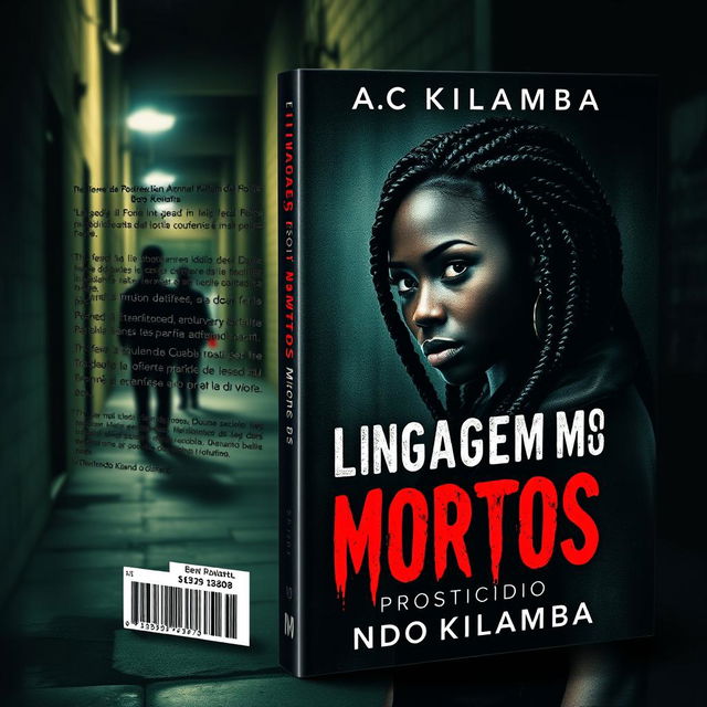 A captivating book cover design for a romance mystery novel titled "Linguagem dos Mortos" (stylized in a blood-like font) with the subtitle "Prosticídio" by the author Armando Kilamba