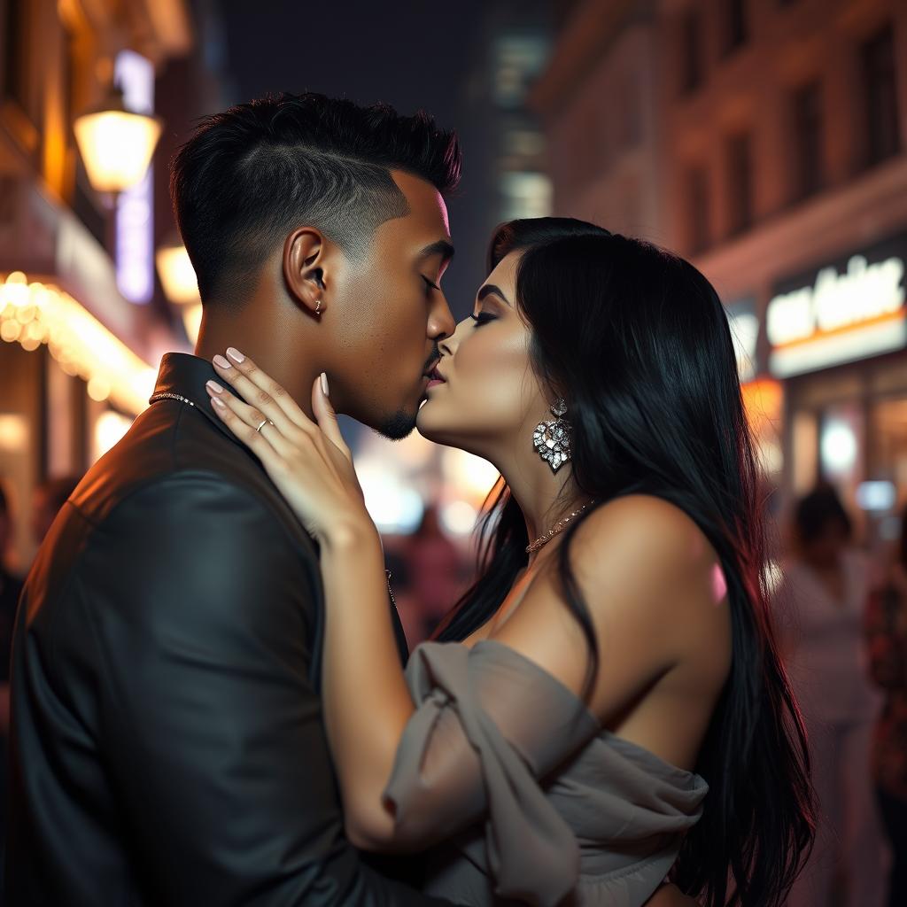 Kylie Jenner and Tyga sharing a passionate kiss, captured in a glamorous and intimate setting