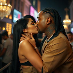 Kylie Jenner and Tyga sharing a passionate kiss, captured in a glamorous and intimate setting