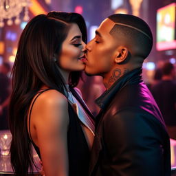 Kylie Jenner and Tyga sharing a passionate kiss, captured in a glamorous and intimate setting