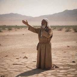 Beneath the scorching sun, against the backdrop of a parched landscape, Prophet Moses lifts his hands in earnest prayer, pleading to Allah for rain to relieve the suffering lands and people from the harsh drought.