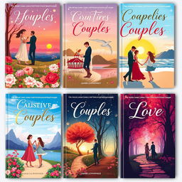 A collection of beautifully designed book covers specifically tailored for couples, featuring romantic themes and vibrant colors