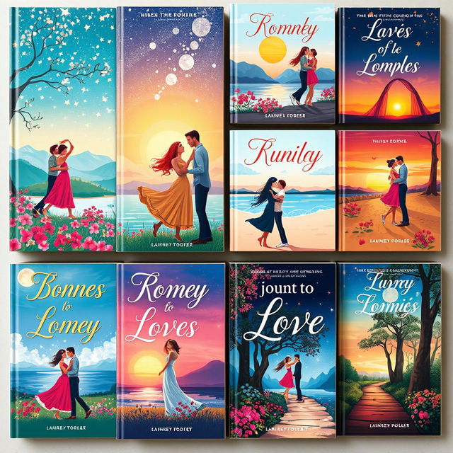 A collection of beautifully designed book covers specifically tailored for couples, featuring romantic themes and vibrant colors