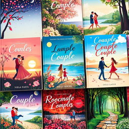 A collection of beautifully designed book covers specifically tailored for couples, featuring romantic themes and vibrant colors