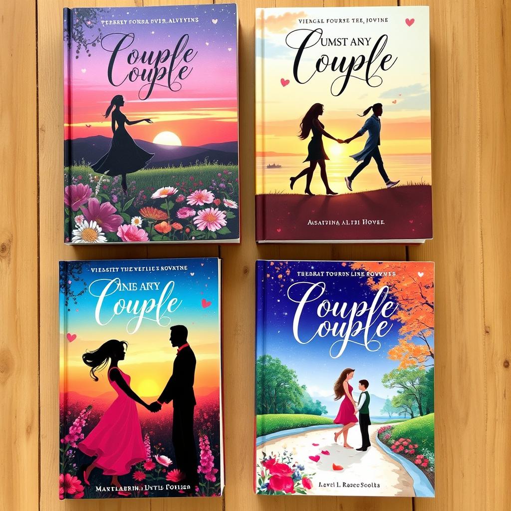 A collection of beautifully designed book covers specifically tailored for couples, featuring romantic themes and vibrant colors