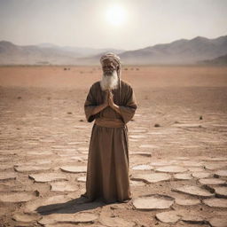 Beneath the scorching sun, against the backdrop of a parched landscape, Prophet Moses lifts his hands in earnest prayer, pleading to Allah for rain to relieve the suffering lands and people from the harsh drought.