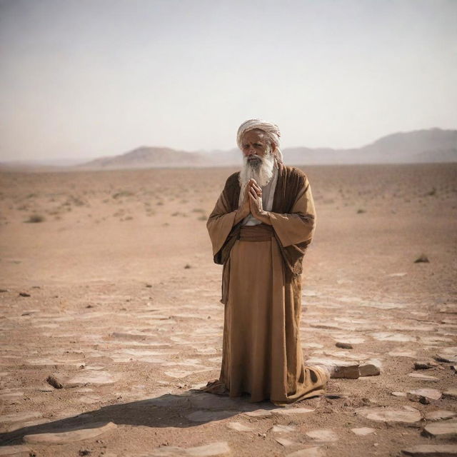 Beneath the scorching sun, against the backdrop of a parched landscape, Prophet Moses lifts his hands in earnest prayer, pleading to Allah for rain to relieve the suffering lands and people from the harsh drought.