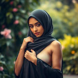 A nude woman wearing a beautifully styled hijab, creating a striking contrast between her outfit and her exposed skin