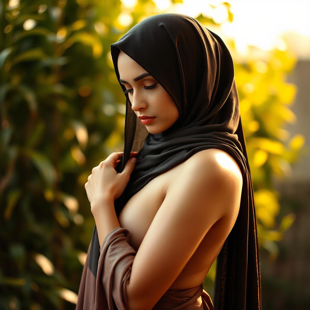 A nude woman wearing a beautifully styled hijab, creating a striking contrast between her outfit and her exposed skin