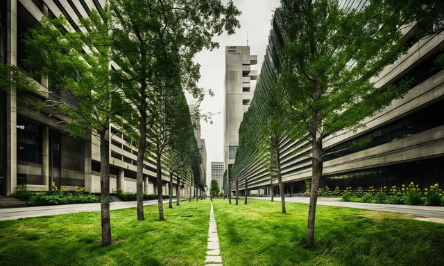 Brutalist style streetscape photography featuring imposing concrete structures softened by street landscaping and a grassy path.