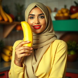 A beautifully composed image of a woman adorned in an elegant hijab, striking a pose where she is playfully engaged with a bright yellow banana