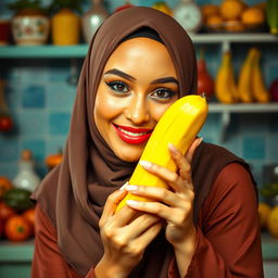 A beautifully composed image of a woman adorned in an elegant hijab, striking a pose where she is playfully engaged with a bright yellow banana