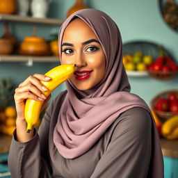 A beautifully composed image of a woman adorned in an elegant hijab, striking a pose where she is playfully engaged with a bright yellow banana