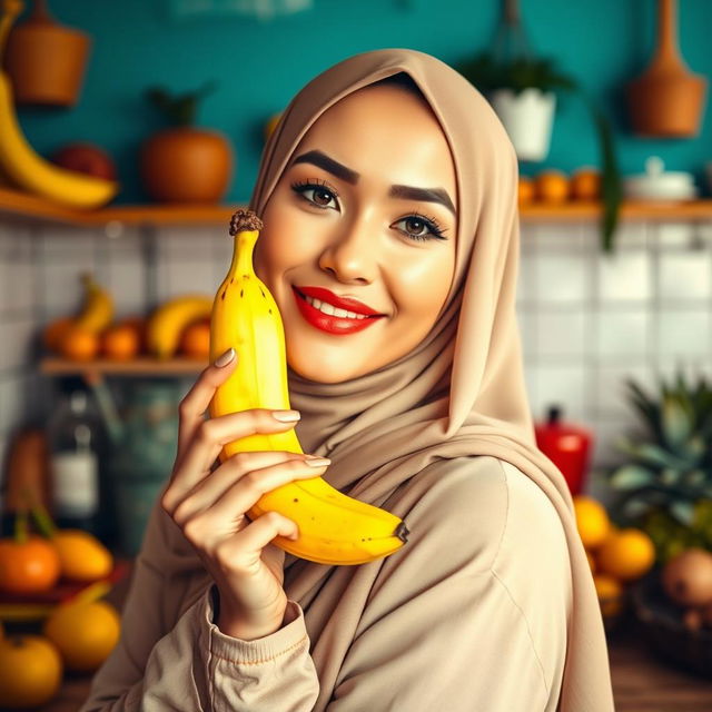 A beautifully composed image of a woman adorned in an elegant hijab, striking a pose where she is playfully engaged with a bright yellow banana