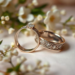 A stunning close-up image of wedding rings symbolizing love and commitment, intricately designed with elegant engravings