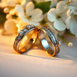 A stunning close-up image of wedding rings symbolizing love and commitment, intricately designed with elegant engravings