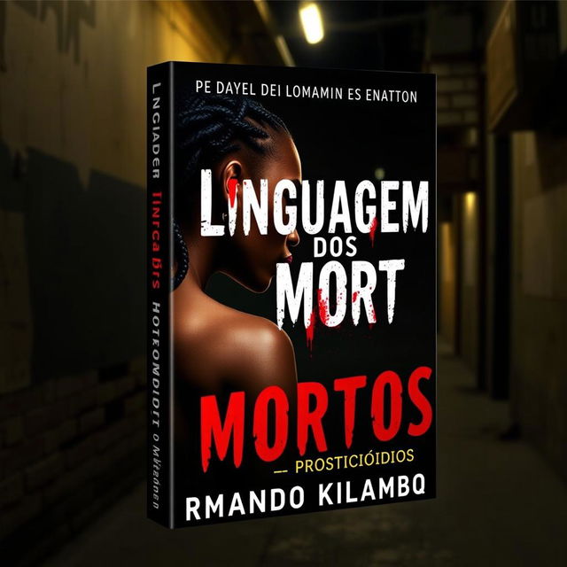 A compelling book cover design for a romance mystery novel titled "Linguagem dos Mortos" (crafted in a dramatic blood-like font) with the subtitle "Prosticídio" by the author Armando Kilamba