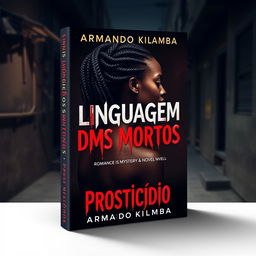 A compelling book cover design for a romance mystery novel titled "Linguagem dos Mortos" (crafted in a dramatic blood-like font) with the subtitle "Prosticídio" by the author Armando Kilamba