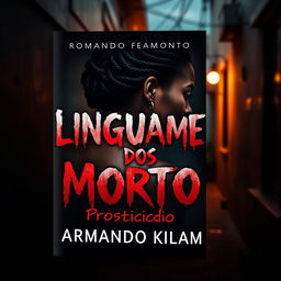 A compelling book cover design for a romance mystery novel titled "Linguagem dos Mortos" (crafted in a dramatic blood-like font) with the subtitle "Prosticídio" by the author Armando Kilamba