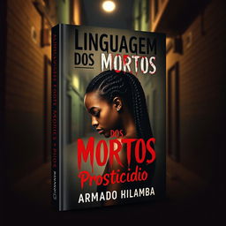 A compelling book cover design for a romance mystery novel titled "Linguagem dos Mortos" (crafted in a dramatic blood-like font) with the subtitle "Prosticídio" by the author Armando Kilamba