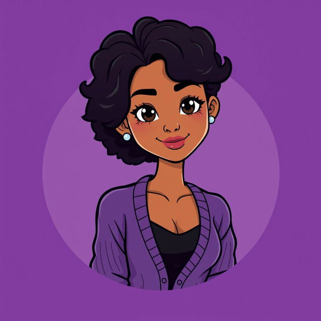 A mini cute cartoon logo design featuring a beautiful young mixed woman in her early 20s, exuding charm with her curly dark hair styled gracefully