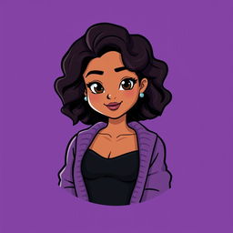 A mini cute cartoon logo design featuring a beautiful young mixed woman in her early 20s, exuding charm with her curly dark hair styled gracefully