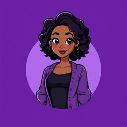A mini cute cartoon logo design featuring a beautiful young mixed woman in her early 20s, exuding charm with her curly dark hair styled gracefully