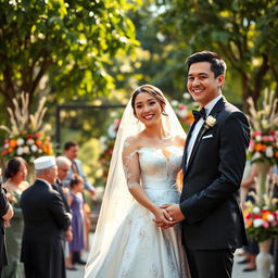 A beautiful wedding scene featuring an intimate moment between a couple holding hands