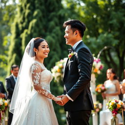 A beautiful wedding scene featuring an intimate moment between a couple holding hands