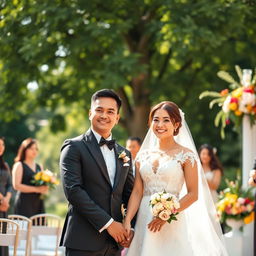 A beautiful wedding scene featuring an intimate moment between a couple holding hands