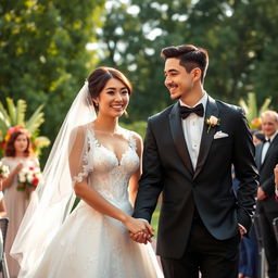 A beautiful wedding scene featuring an intimate moment between a couple holding hands