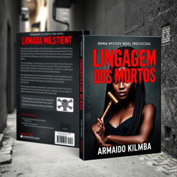 A striking book cover design for a romance mystery novel titled "Linguagem dos Mortos" (styled in a dramatic blood-like font) with the subtitle "Prosticídio" by the author Armando Kilamba