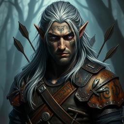 A striking depiction of a rogue dark elf, featuring intricate facial tattoos and long, flowing silver hair, wearing weathered leather armor adorned with mystical runes