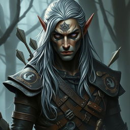 A striking depiction of a rogue dark elf, featuring intricate facial tattoos and long, flowing silver hair, wearing weathered leather armor adorned with mystical runes