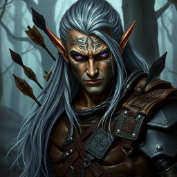 A striking depiction of a rogue dark elf, featuring intricate facial tattoos and long, flowing silver hair, wearing weathered leather armor adorned with mystical runes