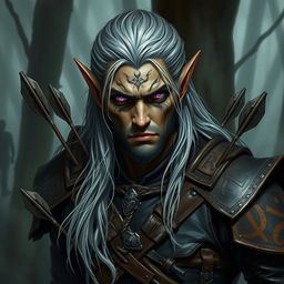 A striking depiction of a rogue dark elf, featuring intricate facial tattoos and long, flowing silver hair, wearing weathered leather armor adorned with mystical runes