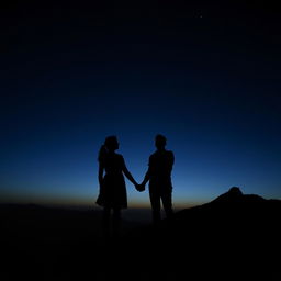 A striking silhouette of a couple standing on a mountaintop, their shadows cast against a dark, dramatic background