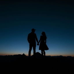 A striking silhouette of a couple standing on a mountaintop, their shadows cast against a dark, dramatic background