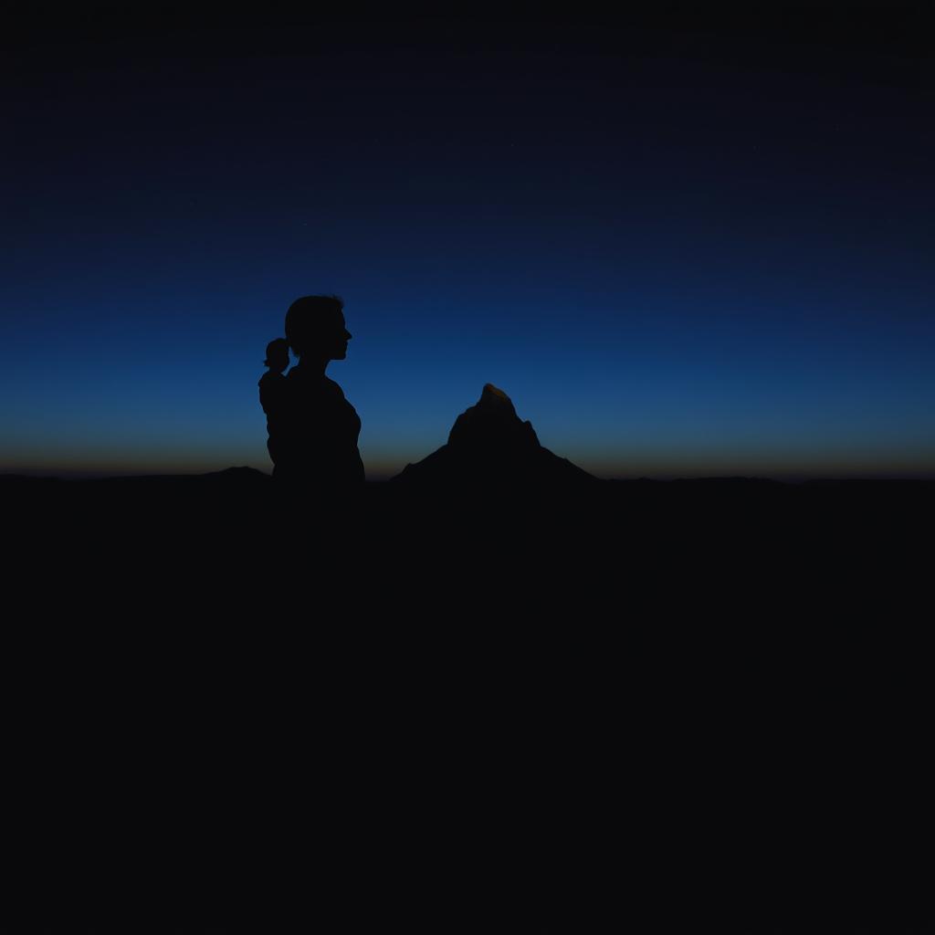 A striking silhouette of a couple standing on a mountaintop, their shadows cast against a dark, dramatic background