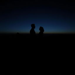 A striking silhouette of a couple standing on a mountaintop, their shadows cast against a dark, dramatic background