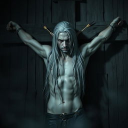 A haunting image of a dark elf crucified against a weathered wooden wall, with arrows protruding from his body, showcasing his pale skin contrasted against the dark environment