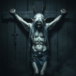 A haunting image of a dark elf crucified against a weathered wooden wall, with arrows protruding from his body, showcasing his pale skin contrasted against the dark environment