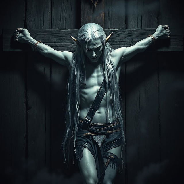 A haunting image of a dark elf crucified against a weathered wooden wall, with arrows protruding from his body, showcasing his pale skin contrasted against the dark environment