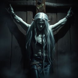 A haunting image of a dark elf crucified against a weathered wooden wall, with arrows protruding from his body, showcasing his pale skin contrasted against the dark environment