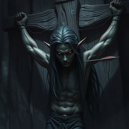 A powerful and evocative image of an elf with dark skin and striking red eyes, crucified against a rugged wooden wall