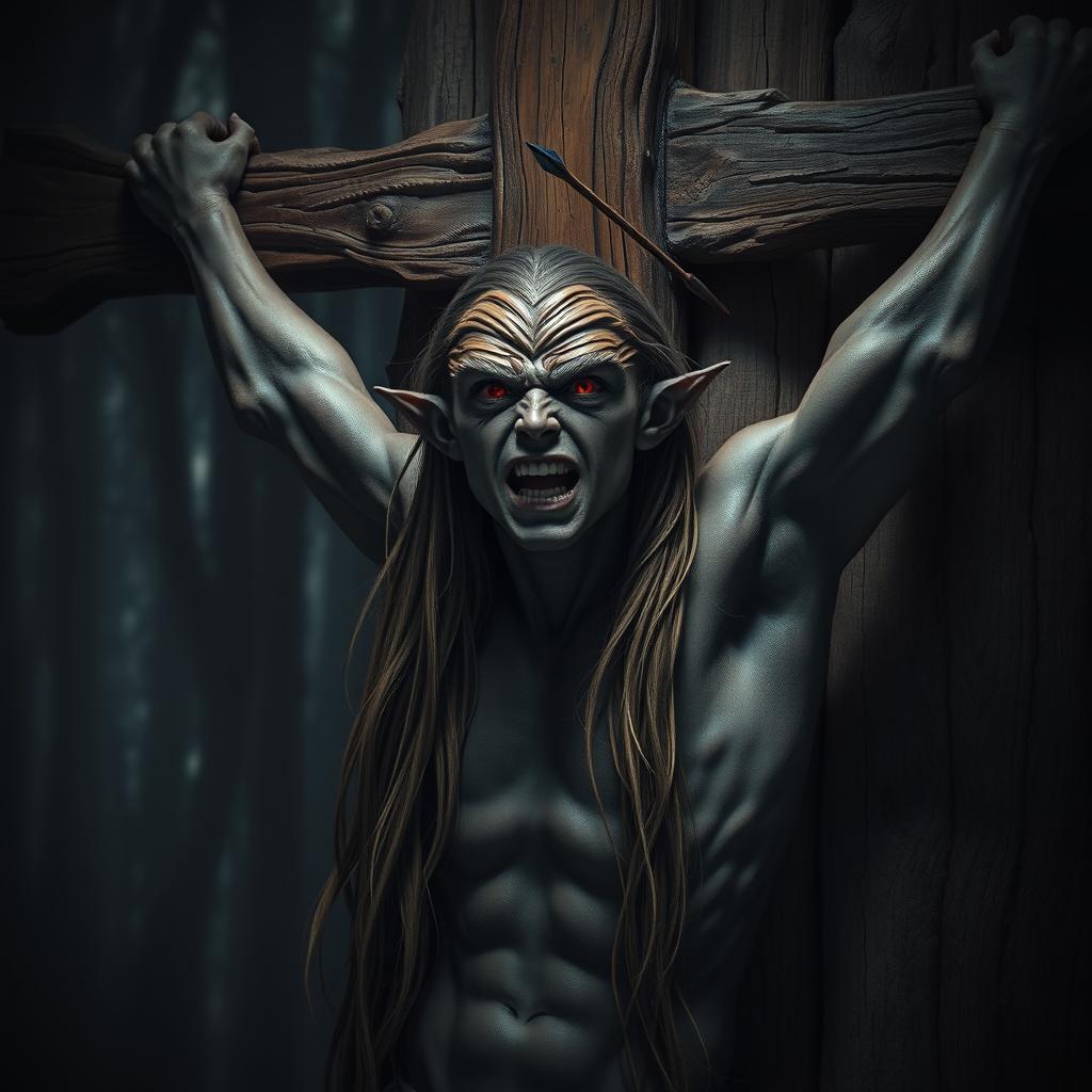 A powerful and evocative image of an elf with dark skin and striking red eyes, crucified against a rugged wooden wall