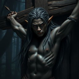 A powerful and evocative image of an elf with dark skin and striking red eyes, crucified against a rugged wooden wall
