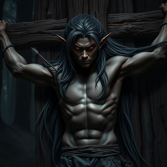 A powerful and evocative image of an elf with dark skin and striking red eyes, crucified against a rugged wooden wall