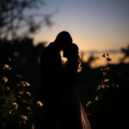 A romantic embrace in the shadows, with two figures entwined beautifully