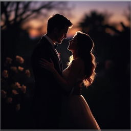 A romantic embrace in the shadows, with two figures entwined beautifully
